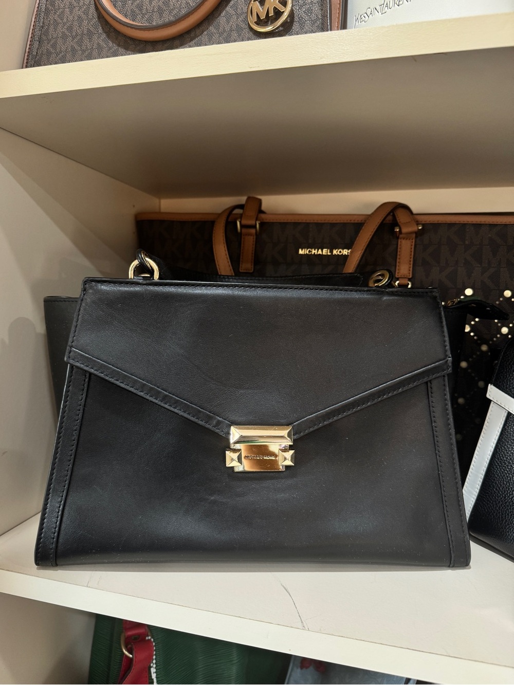 Michael Kors Black Leather Envelope Satchel with Gold Lock